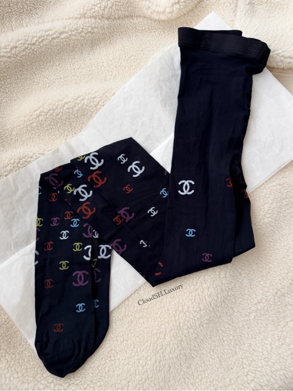 Auth Chanel Multicolor CC Logo Black Tights - One Size